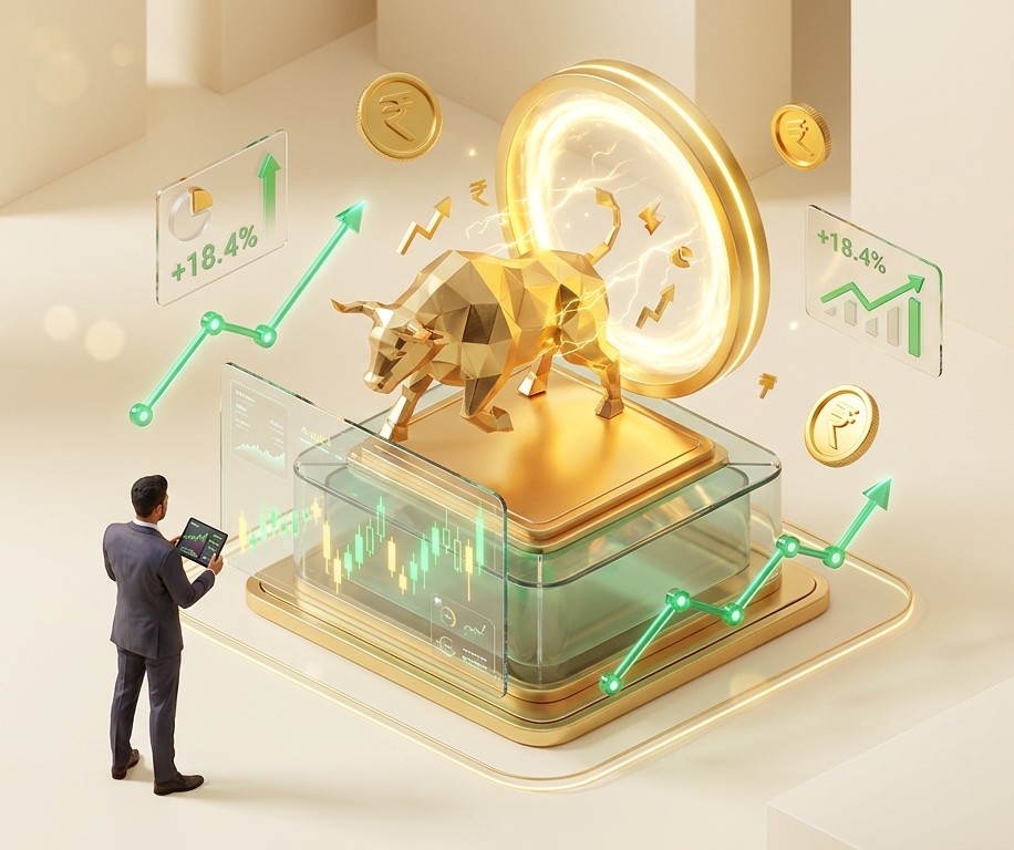 Illustrative gold bull, rupee coins, and trading-desk graphic for DELTA VIBE BROKING PRIVATE LIMITED. Decorative only.
